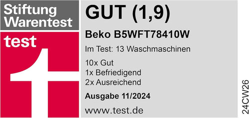 Beko Waschmaschine 8kg, Stiftung Warentest GUT (1,9)*, 1400 U/min, SteamCure Dampffunktion, AquaWave Schontrommel, StainExpert Programm, B5WFT78410W, Weiß