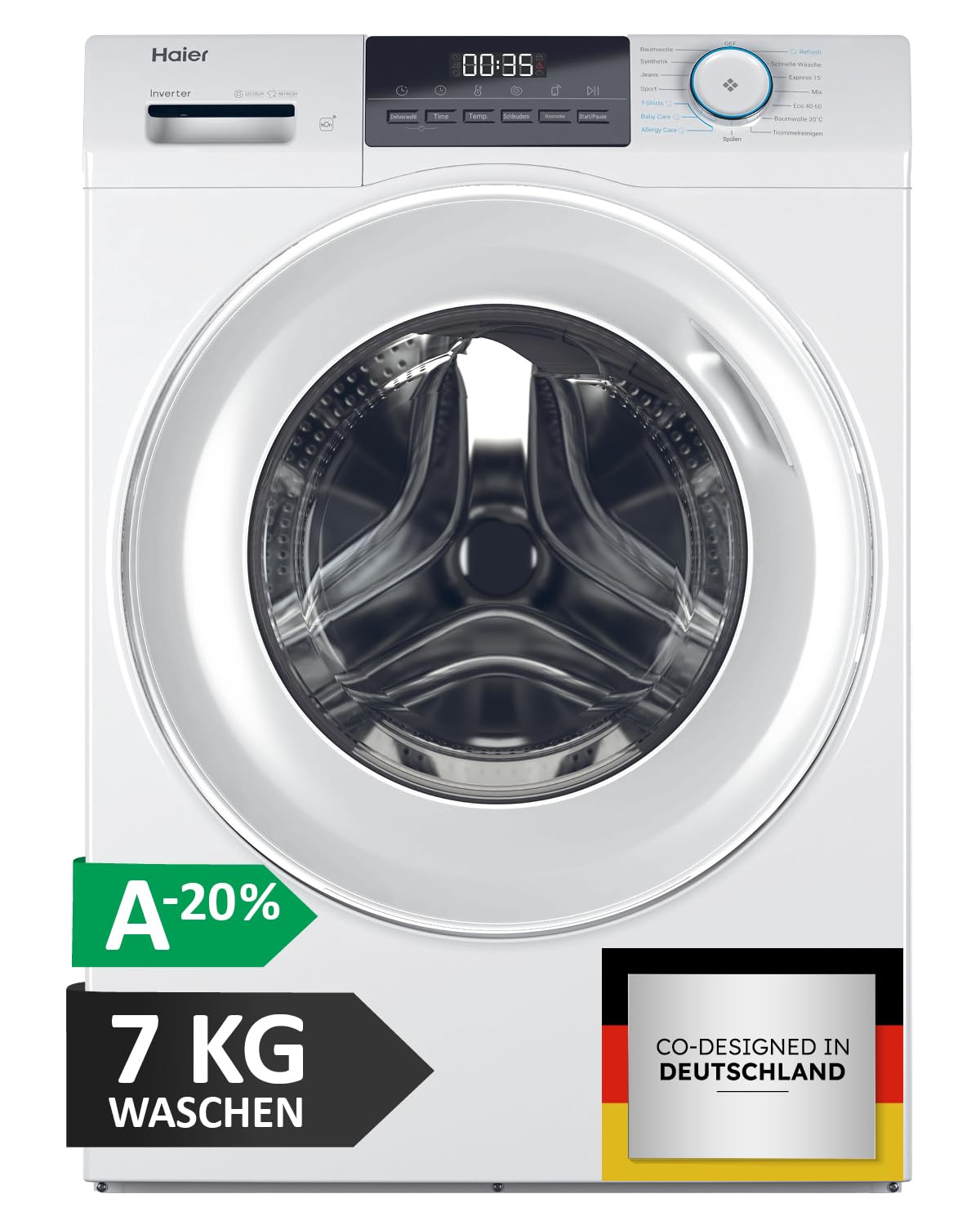 Haier Frontlader Waschmaschine 7kg I I-PRO SERIE 1 HW70-BP14929BU1 I Mit A-20% Effizienz, 1.400 U/Min. & sparsamem Inverter-Motor I Per App steuerbar I Mengenautomatik & Refresh-Programm