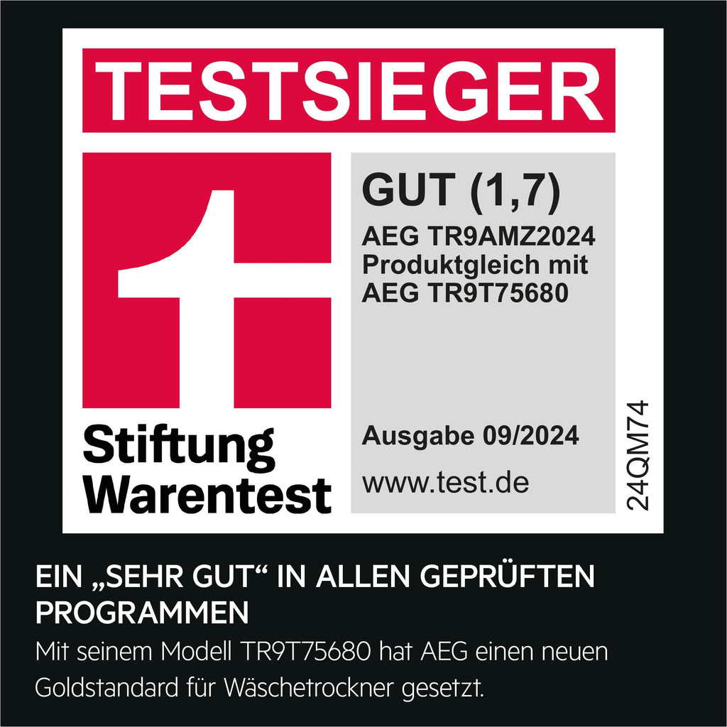 AEG Wärmepumpentrockner 8 kg, Testsieger der Stiftung Warentest, Serie 9000 AbsoluteCarePlus - Daunentrocknung, 3D-Scan Restfeuchteermittlung, C, Knitterschutz, Trommelbeleuchtung, TR9AMZ2024