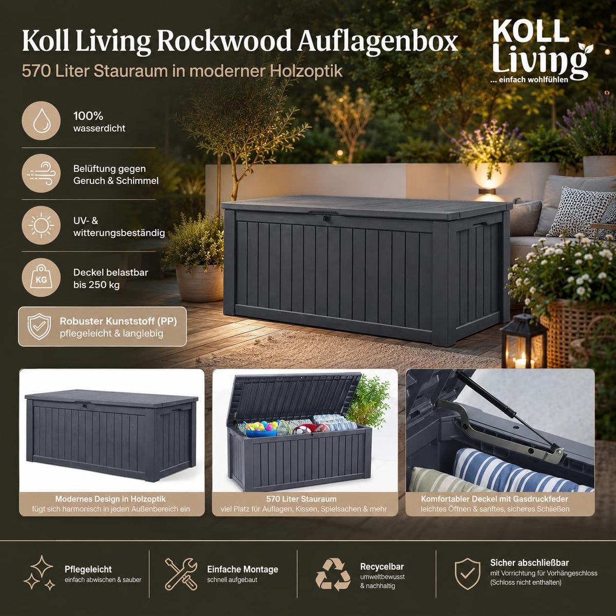 Koll living storage box, cushion box in modern wooden finish, 570 litres, 100% water-proof, with aeration to prevent horrible odours/mould, maximum weight supported by the cover: 250 kg (2 people)