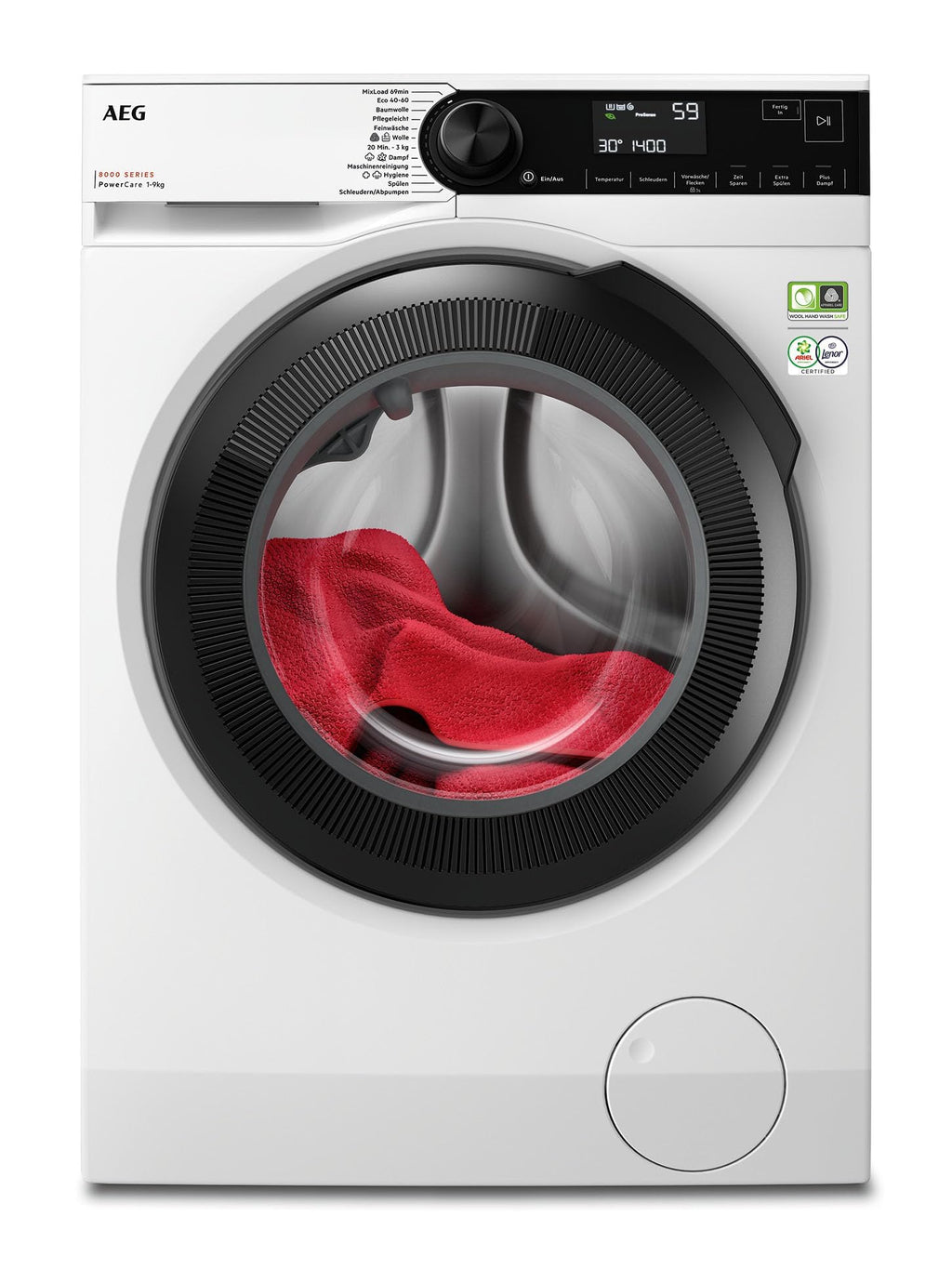 AEG Waschmaschine 9kg Serie 8000 PowerCare - Faserschonend Sauber in nur 59 Min. bei 30°C, A-10%, Dampf-Programm – Weniger Bügeln, Nachlegefunktion, Energiesparend, Wasserstopp 1400 U/min, LR8AMZ49FL