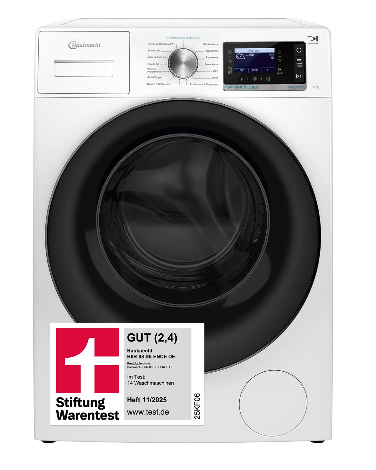 Bauknecht Waschmaschine 8kg, Stiftung Warentest GUT (2,4)*, Supreme Silence, EEK A-20%, 1400 U/min, ZEN-Motor, Besonders leise, Dampftechnologie, B6R 88 SILENCE DE, Weiß