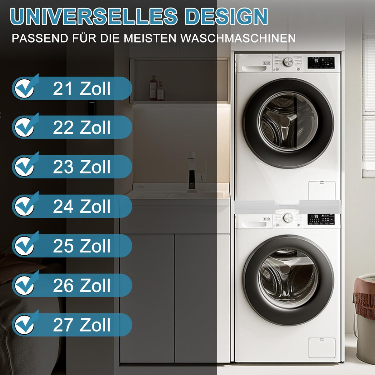 Waschmaschinen Untergestell, Zwischenbaurahmen Trockner Waschmaschinen, Universal Verbindungsrahmen Set für Waschmaschine und Trockner Stapelbausatz mit Ratschenseil, Einstellbare Breite von 45-70cm