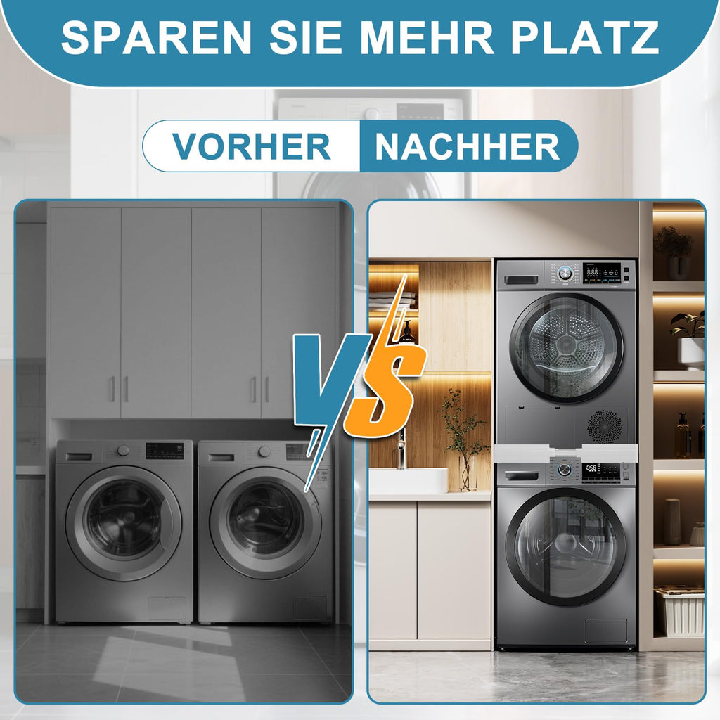 Waschmaschinen Untergestell, Zwischenbaurahmen Trockner Waschmaschinen, Universal Verbindungsrahmen Set für Waschmaschine und Trockner Stapelbausatz mit Ratschenseil, Einstellbare Breite von 45-70cm