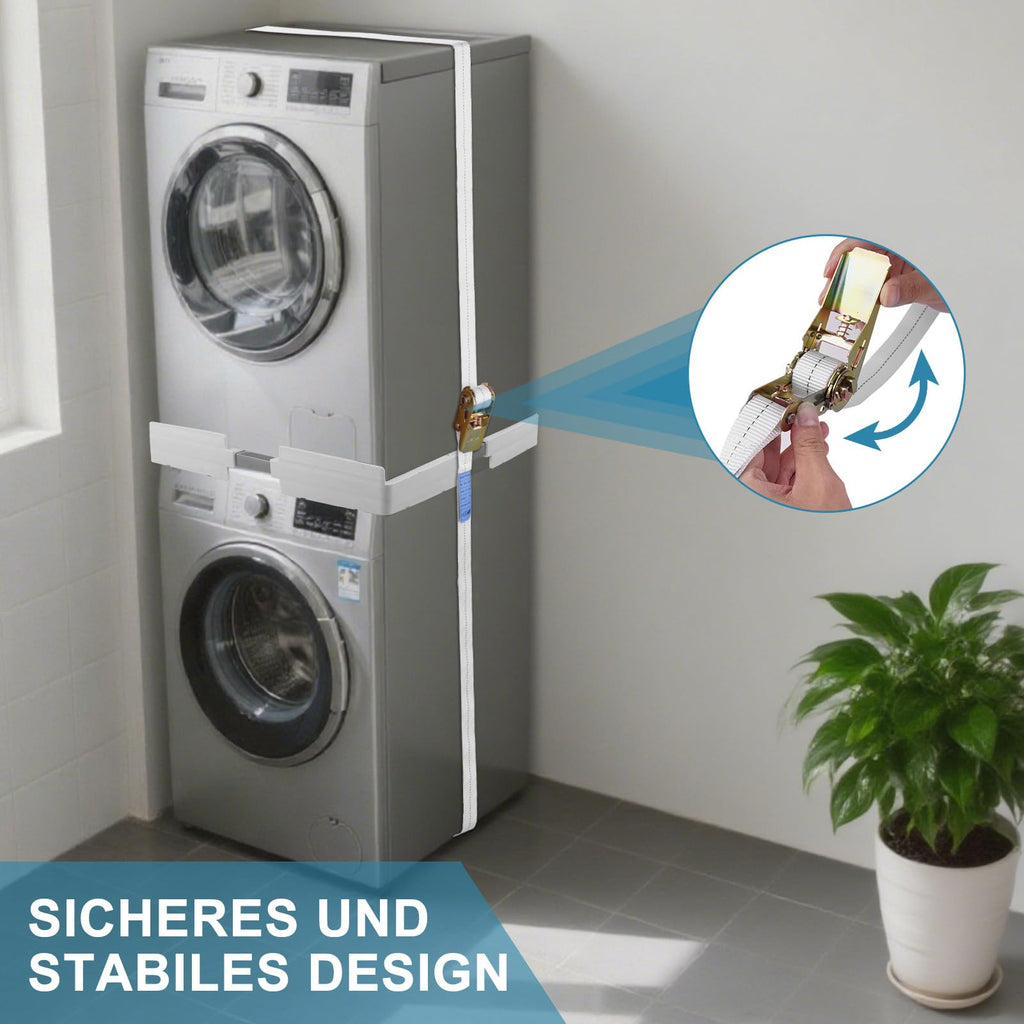Waschmaschinen Untergestell, Zwischenbaurahmen Trockner Waschmaschinen, Universal Verbindungsrahmen Set für Waschmaschine und Trockner Stapelbausatz mit Ratschenseil, Einstellbare Breite von 45-70cm