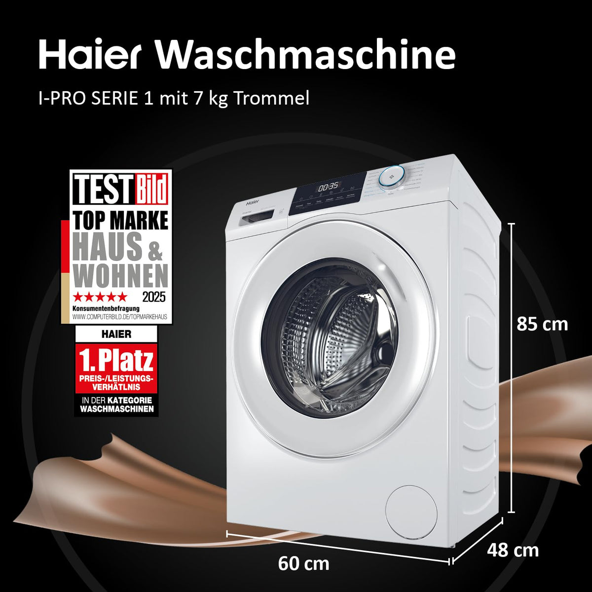Haier Frontlader Waschmaschine 7kg I I-PRO SERIE 1 HW70-BP14929BU1 I Mit A-20% Effizienz, 1.400 U/Min. & sparsamem Inverter-Motor I Per App steuerbar I Mengenautomatik & Refresh-Programm