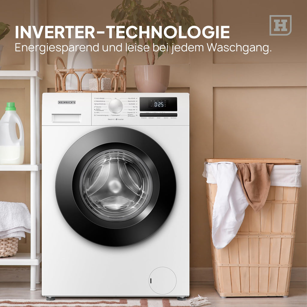 HEINRICHS Waschmaschine mit Dampffunktion, 9kg, 15 Programme, 1400 U/min., Aqua-Stop, LED-Display, inkl. Timer, mit Kindersicherung, langlebiger & effizienter Inverter Motor, Energieklasse A, weiß