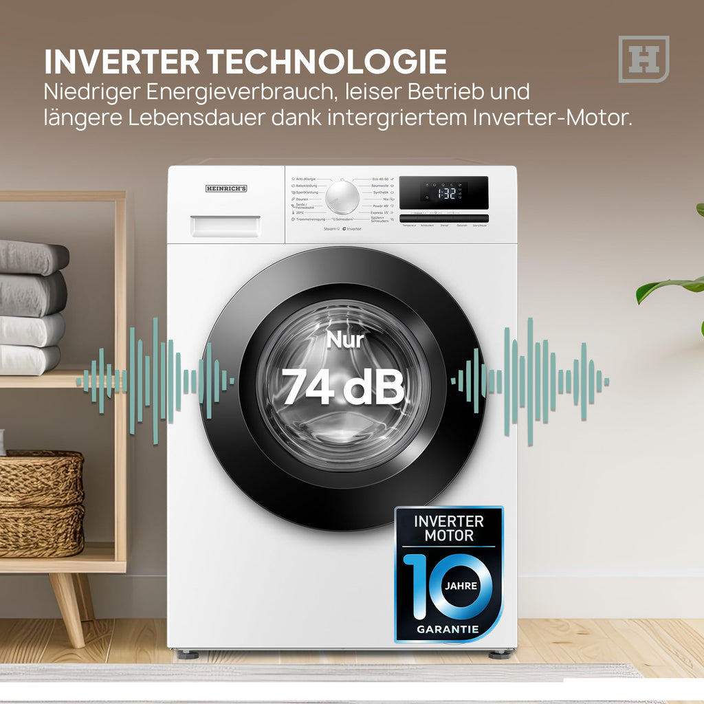 HEINRICHS Waschmaschine mit Dampffunktion, 9kg, 15 Programme, 1400 U/min., Aqua-Stop, LED-Display, inkl. Timer, mit Kindersicherung, langlebiger & effizienter Inverter Motor, Energieklasse A, weiß