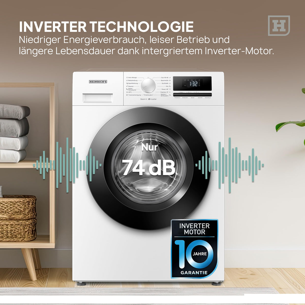 HEINRICHS Waschmaschine mit Dampffunktion, 9kg, 15 Programme, 1400 U/min., Aqua-Stop, LED-Display, inkl. Timer, mit Kindersicherung, langlebiger & effizienter Inverter Motor, Energieklasse A, weiß