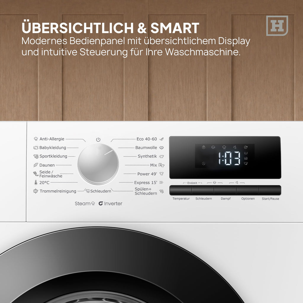 HEINRICHS Waschmaschine mit Dampffunktion, 9kg, 15 Programme, 1400 U/min., Aqua-Stop, LED-Display, inkl. Timer, mit Kindersicherung, langlebiger & effizienter Inverter Motor, Energieklasse A, weiß