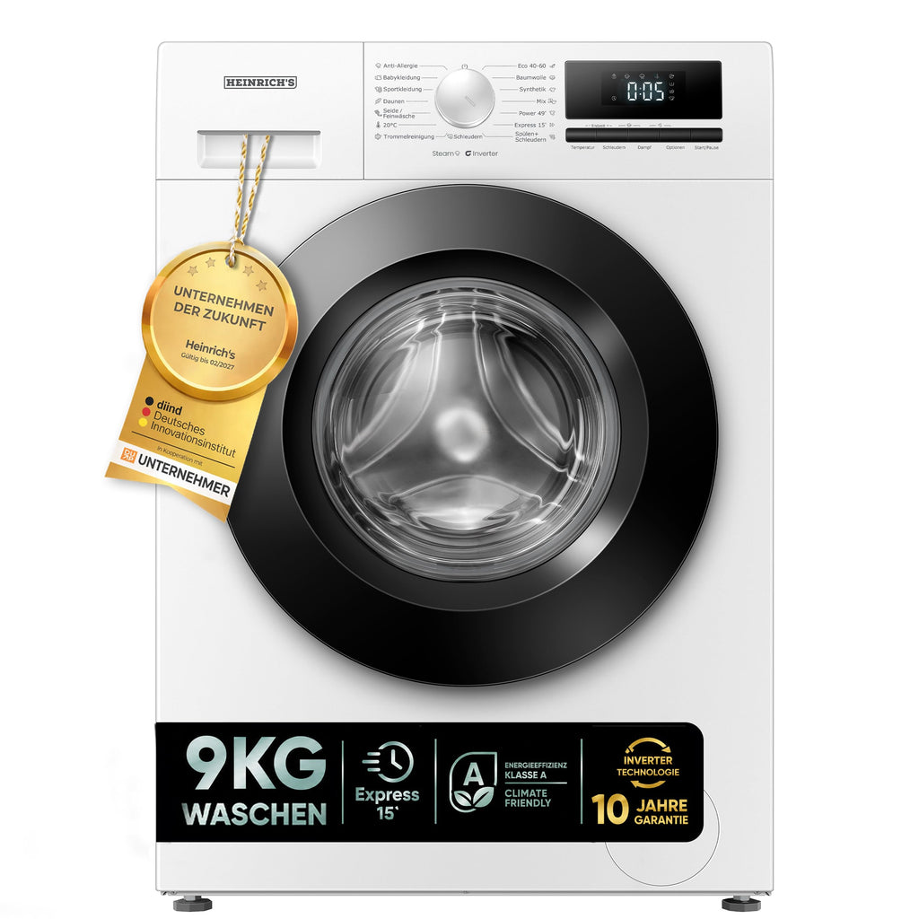 HEINRICHS Waschmaschine mit Dampffunktion, 9kg, 15 Programme, 1400 U/min., Aqua-Stop, LED-Display, inkl. Timer, mit Kindersicherung, langlebiger & effizienter Inverter Motor, Energieklasse A, weiß