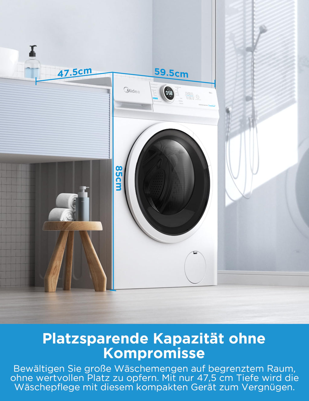 Midea MF10EW70BA10 Waschmaschine / 7kg / 1400 U/Min/EEK A-10%/Inverter Quattro Motor/Dampffunktion/Grosse Trommel/Nachlegefunktion/Kindersicherung/AquaStop, Weiß