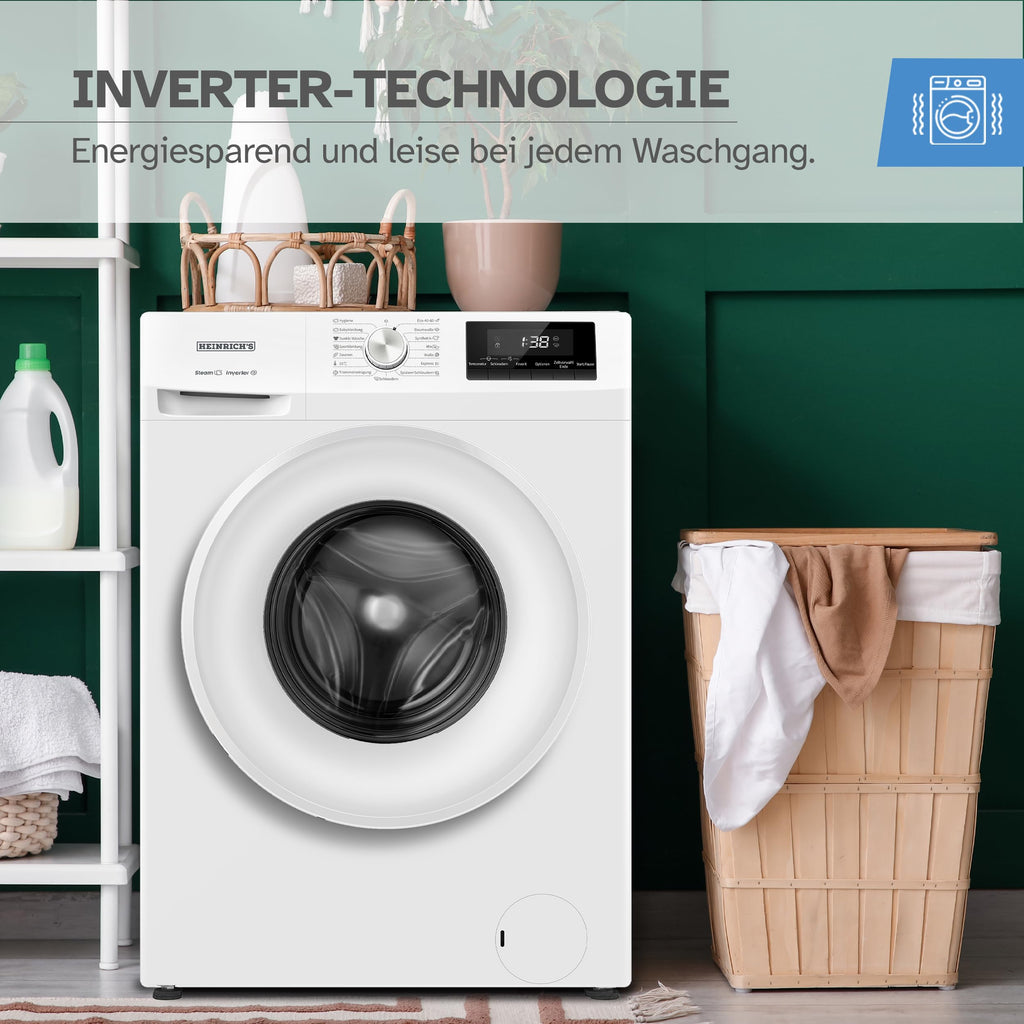 Heinrich´s Waschmaschine, 7kg, 15 Programme, 1400 U/min., Aqua-Stop, LED-Display, inkl. Timer, mit Kindersicherung, langlebiger Inverter Motor, Energieeffizienzklasse A, weiß